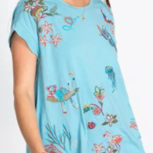 JOHNNY WAS M Zoe Embroidered drape relaxed tee top Marine Blue. Worn twice.